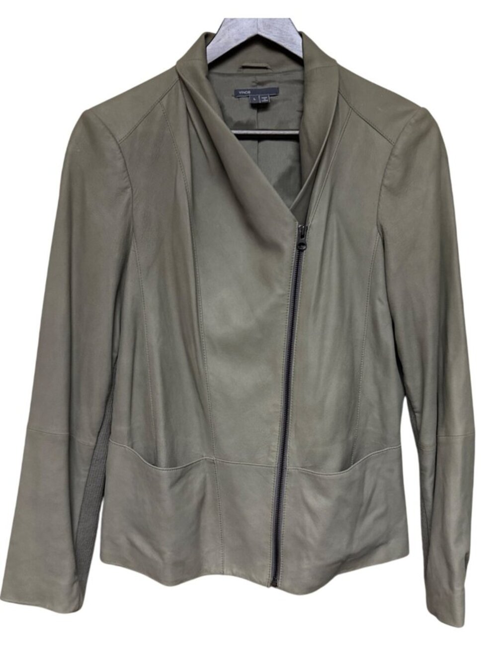 Vince Women's Leather Jacket Large Gray Olive Draped Collar Asymmetrical Zip